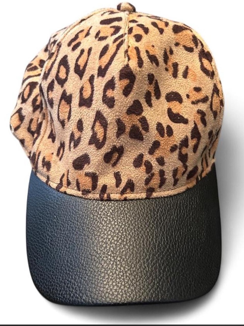 Leopard Print Baseball Cap with Black Faux Leather Brim